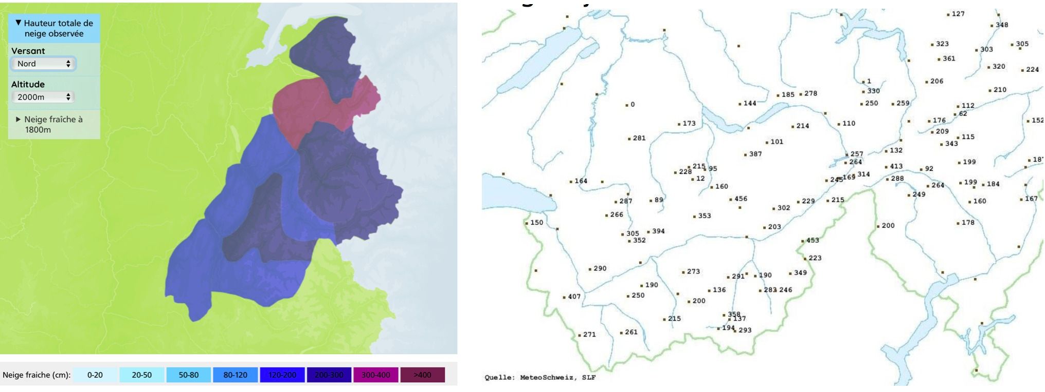 Epaisseur du manteau neigeux en Suisse et en France à 2000 mètres d'altitude