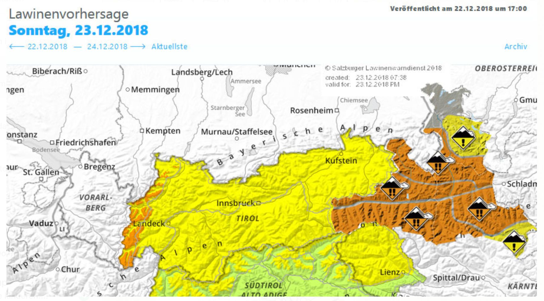 Lawineberichten voor zondag 23.12.2018 voor Tirol links en Salzburg rechts (Oostenrijk)