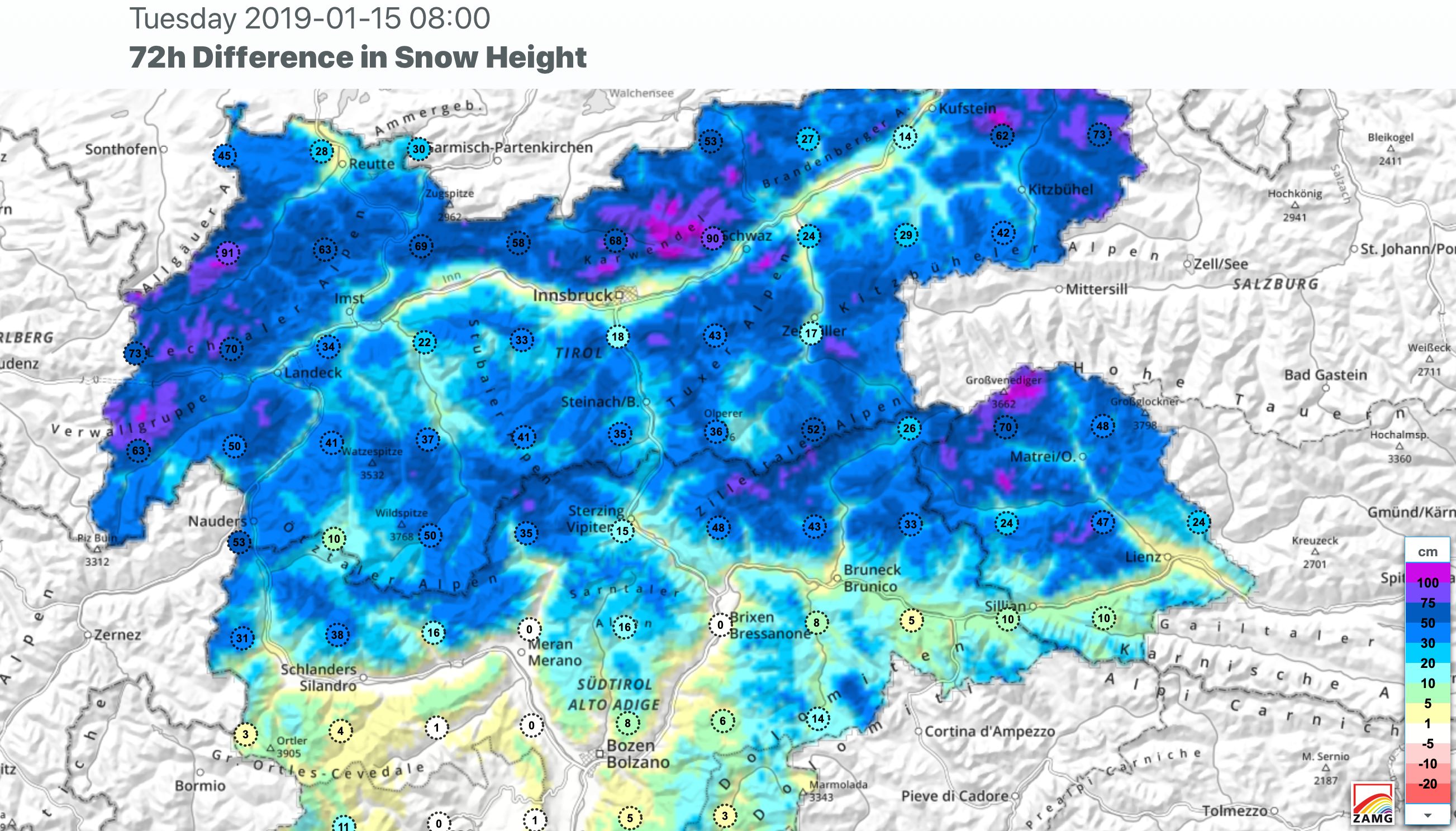 Snowfall Tyrol last 72 hours