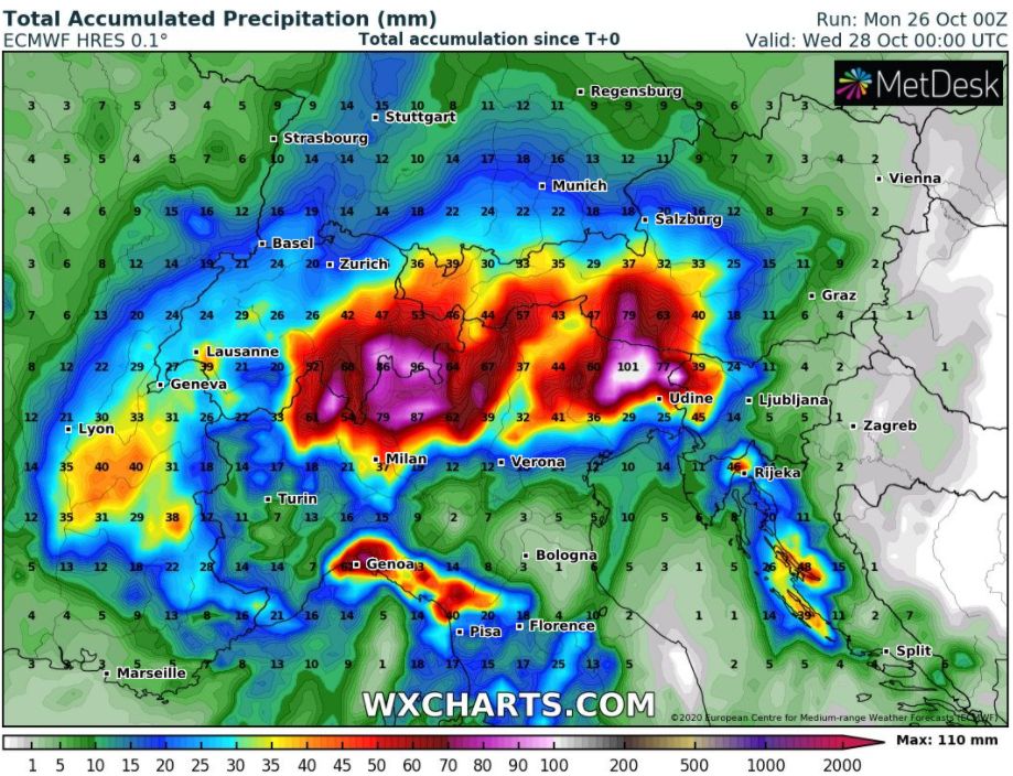 Total precipitation amounts up to and including Tuesday evening according to the European weather model (wxcharts.com)