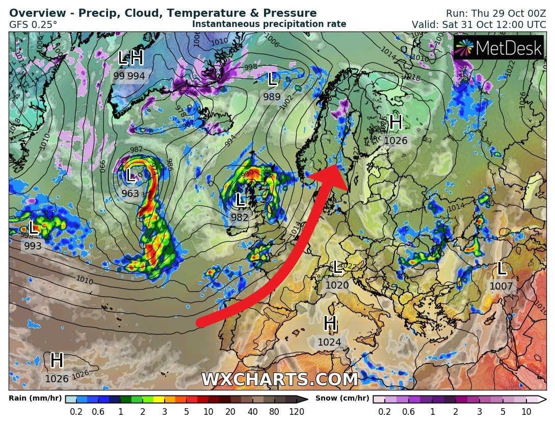 At the same time, very warm air is supplied from the southwest to deep into Scandinavia