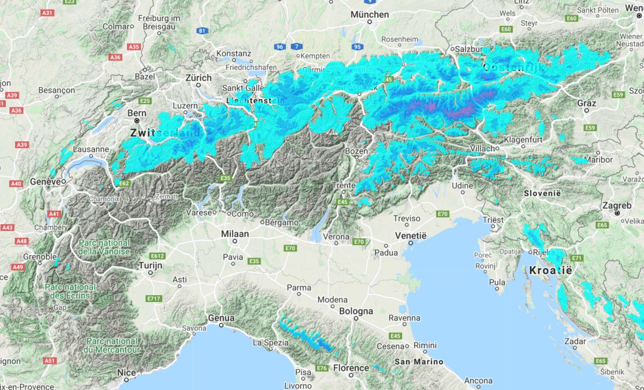 Tot en met morgenavond kan er met name in Oostenrijk zo'n 20 centimeter sneeuw vallen