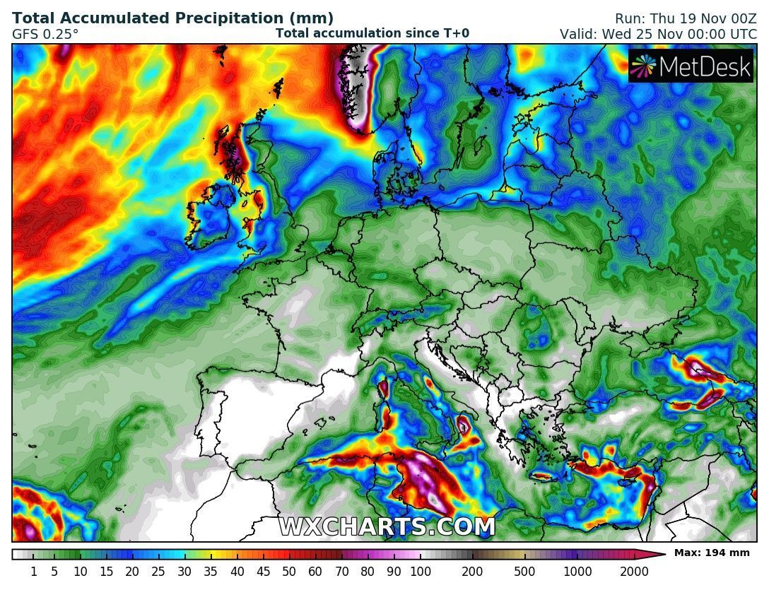 De geaccumuleerde neerslagkaart geeft tot midden volgende week nauwelijks neerslag aan voor Centraal-Europa