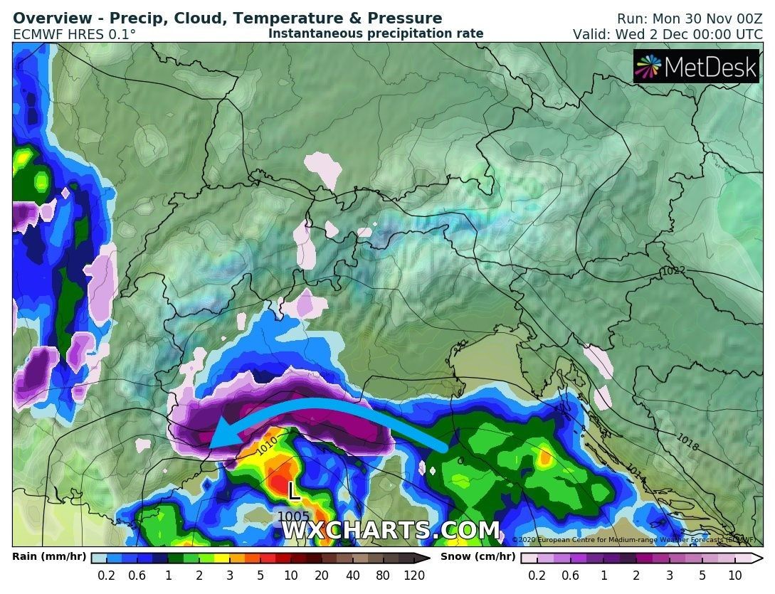 Vervolgens zorgt een Genualaag dinsdagavond tot en met woensdagavond tijdelijk voor stuwing in Zuid-Piemonte