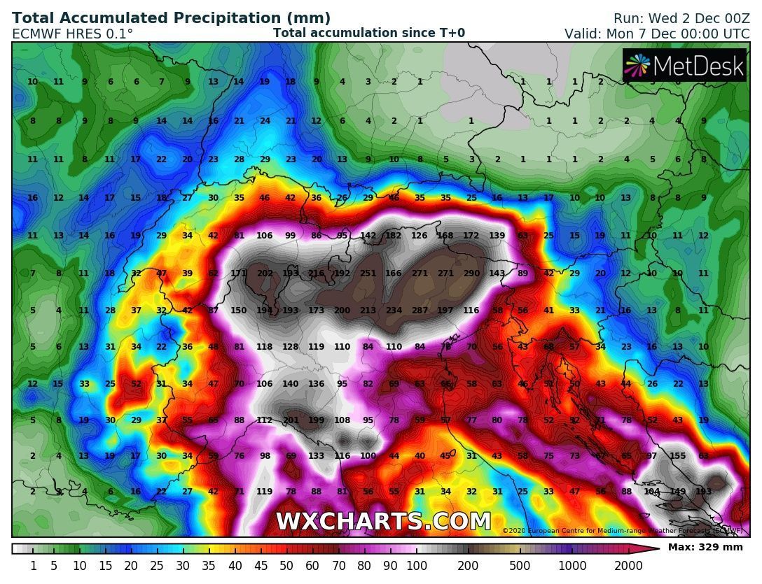 De verwachte neerslag volgens het ECMWF model tot en met zondagavond