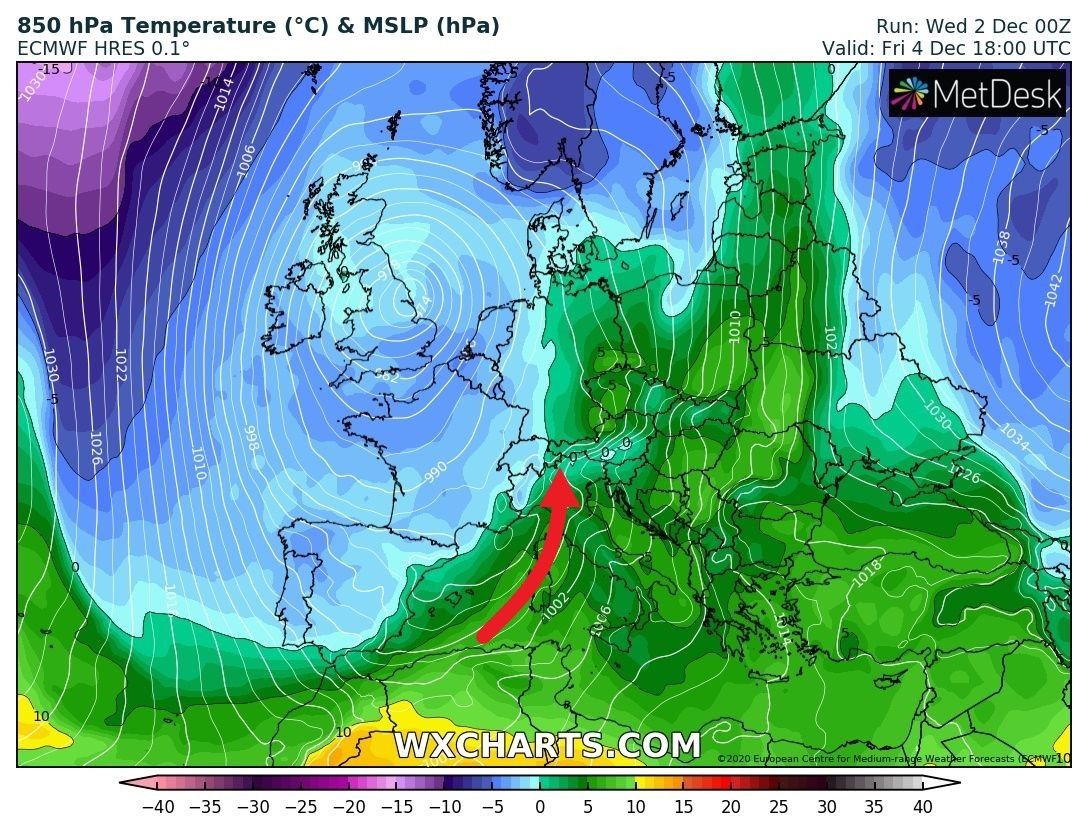 The temperature map on the 850 hPa plane (about 1500m) clearly shows that the snow line will already rise in the course of Friday