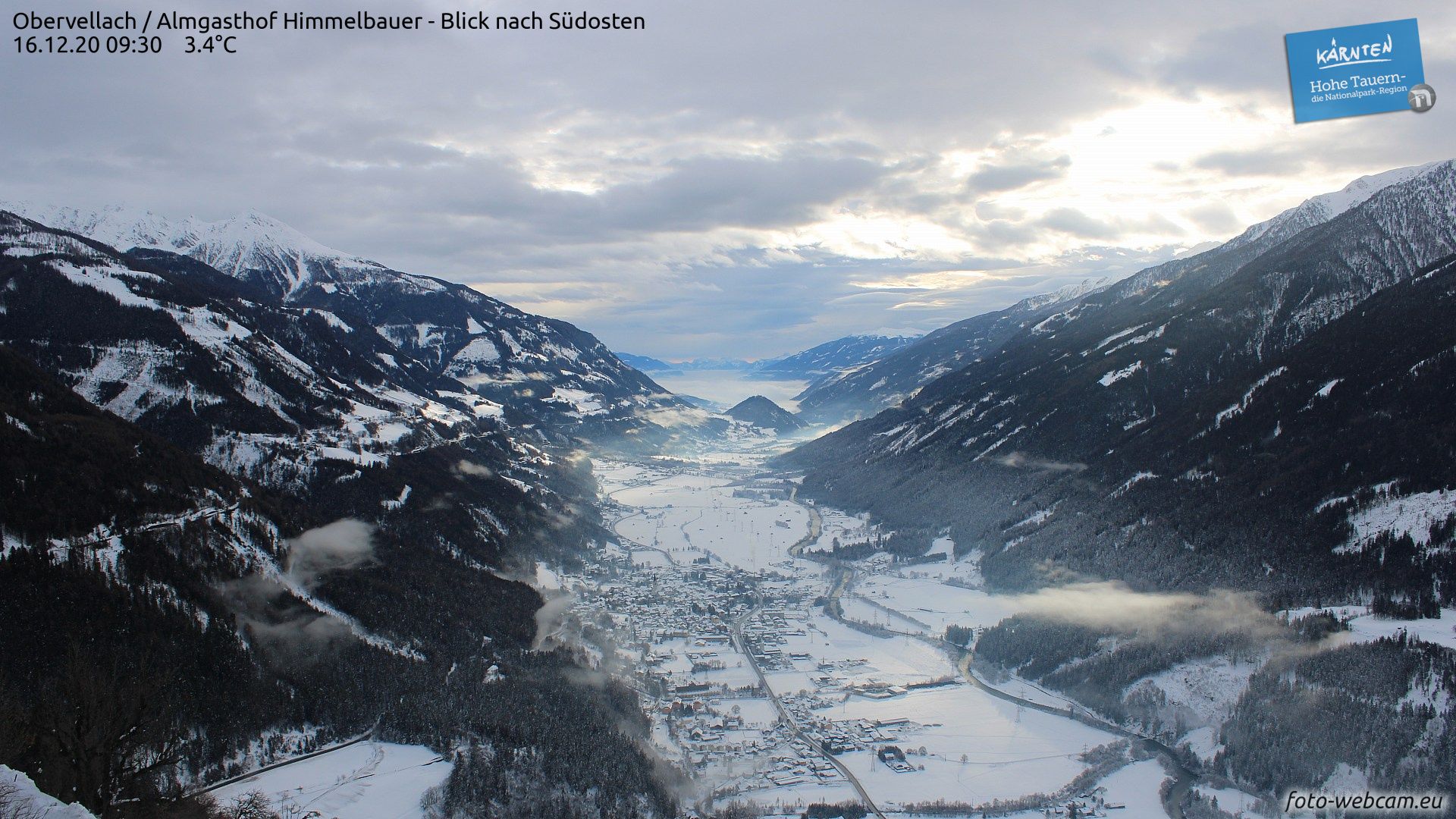 The inversion is clearly visible in Obervellach (Carinthia). Despite the warm southwestern high current, it's freezing in the valley all day long and the trees are still white