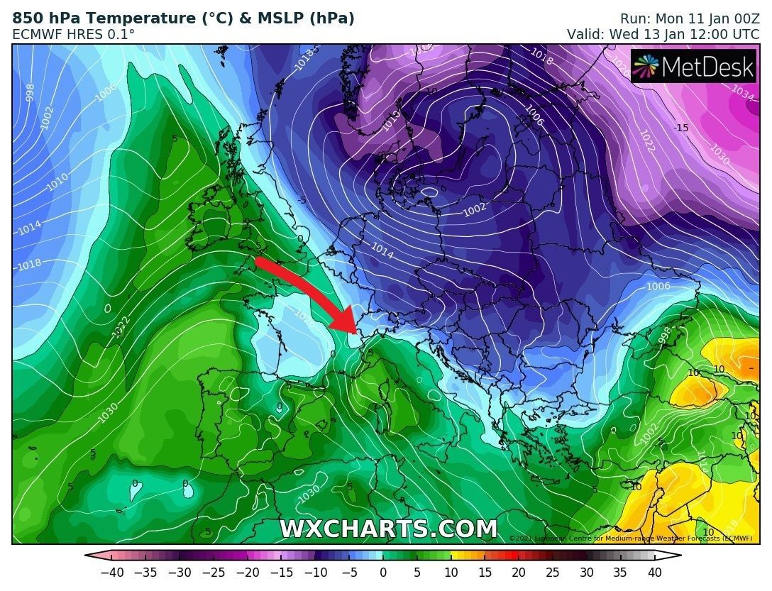 From Wednesday the snow line in the western Alps may rise slightly due to the advection of warm air from the northwest