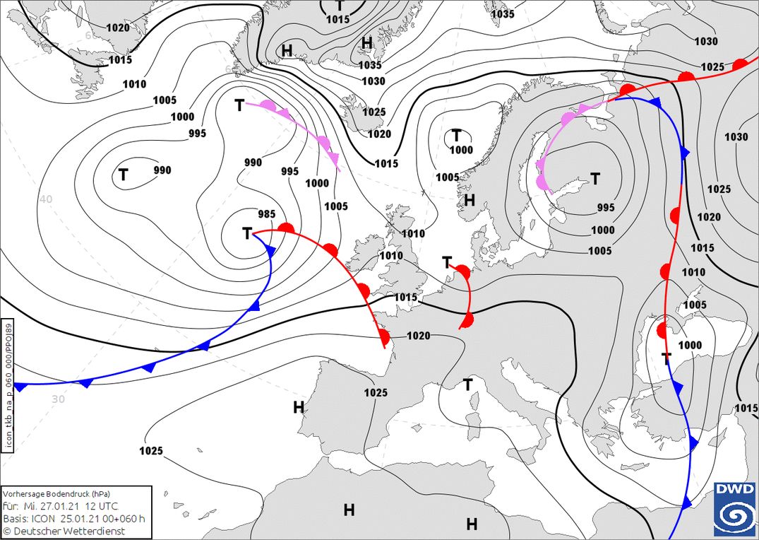 The first warm front will follow in the course of Wednesday (wetter3.de, DWD)