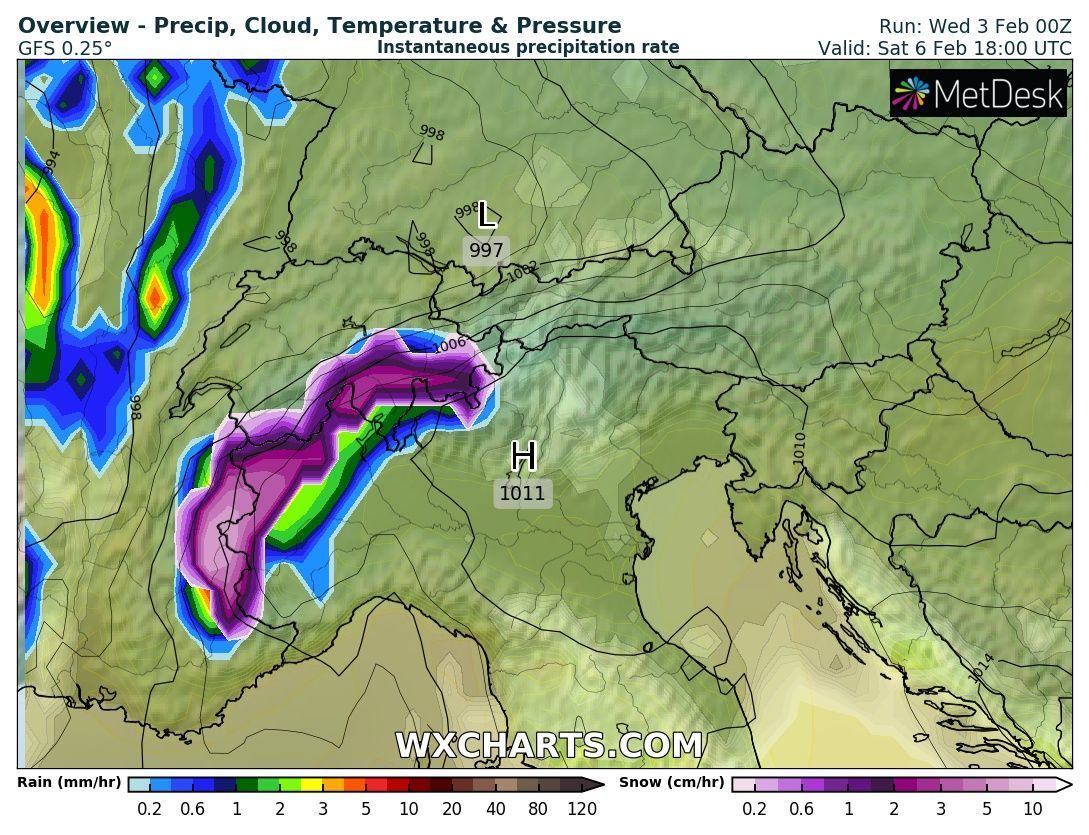 On Saturday, Föhn in the Northern Alps, incoming snowfall in the Southern Alps (wxcharts.com)