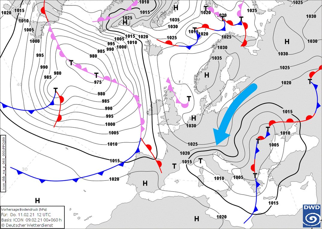 The subsiding high pressure area above Scandinavia creates a northeasterly current (wetter3.de, DWD)