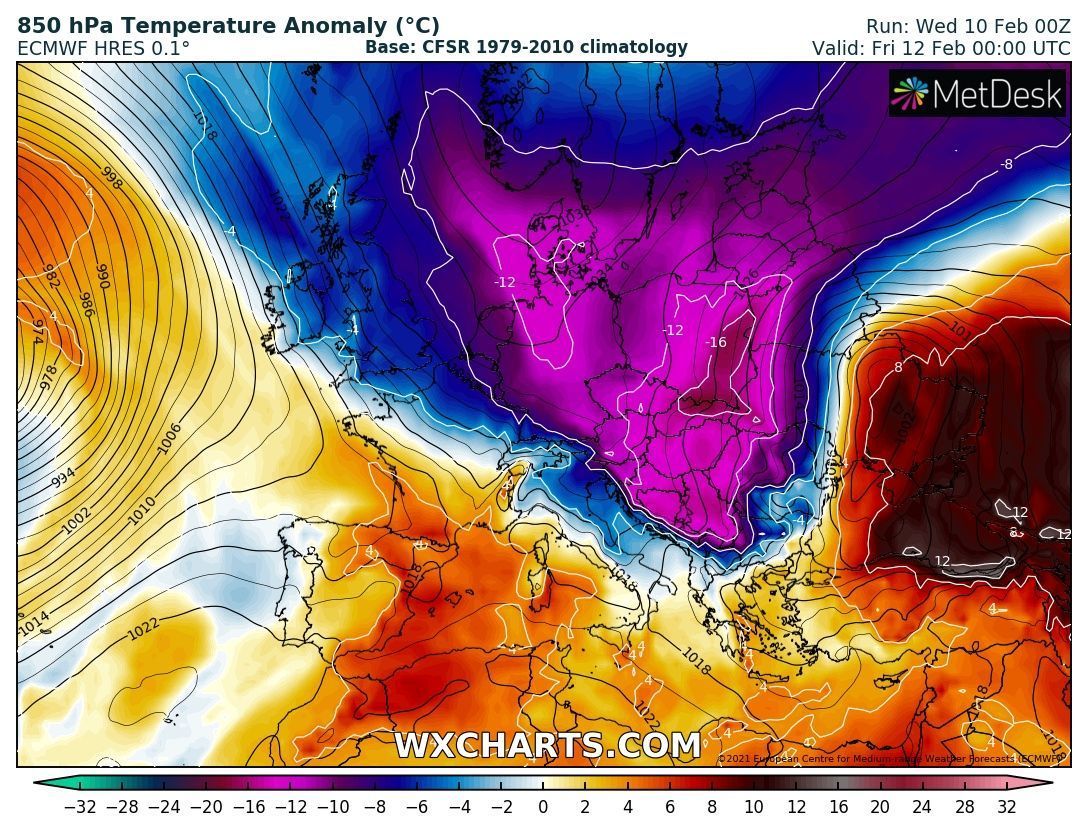 While the Eastern Alps are in the freezer, it remains considerably warmer in the Western Alps (wxcharts.com)