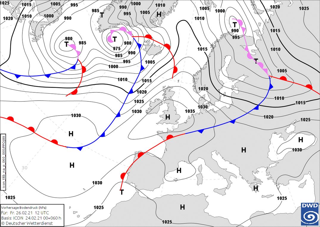 A cold front is approaching on Friday, but whether it will snow is still uncertain (wetter3.de, DWD)