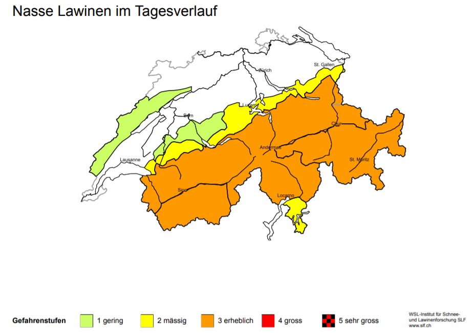 Wet snow avalanches are possible on a large scale due to rising temperatures (slf.ch)