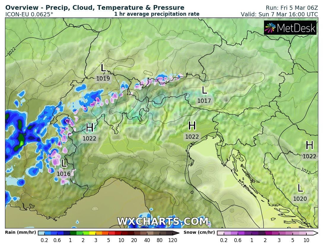 Some snow for the Western Alps on Sunday (wxcharts.com)