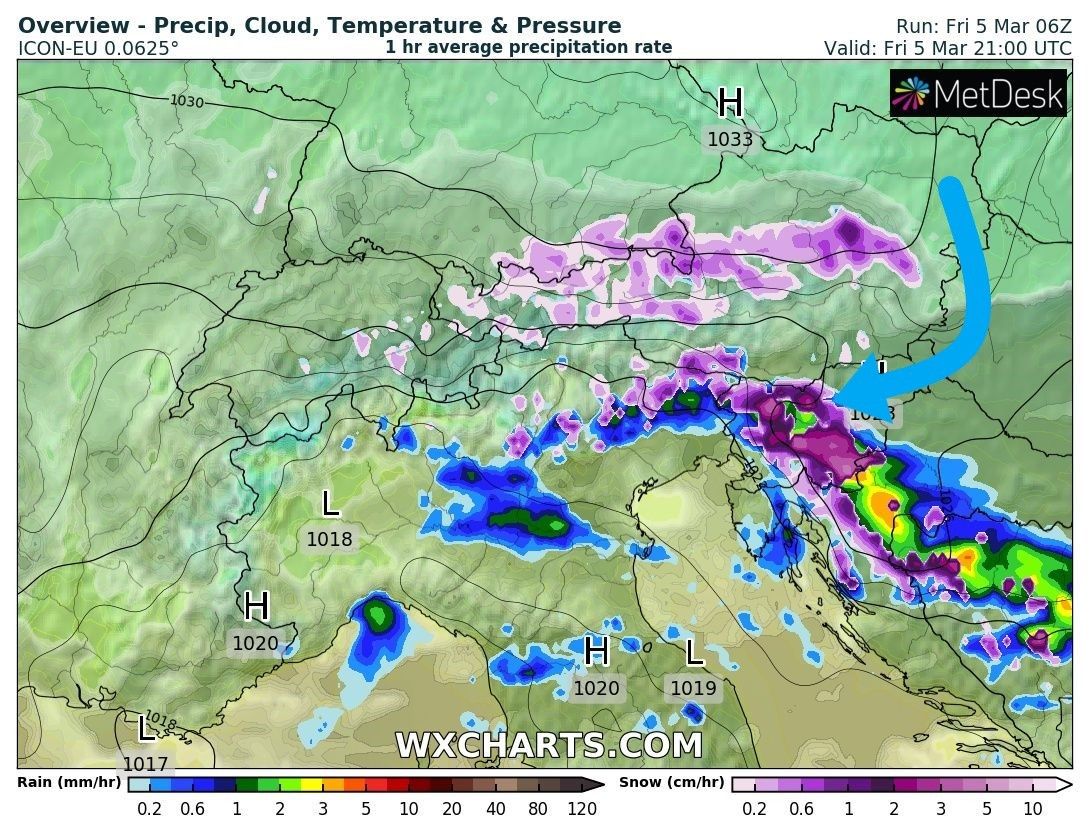 This evening also the Southern Alps will get some snow (wxcharts.com)