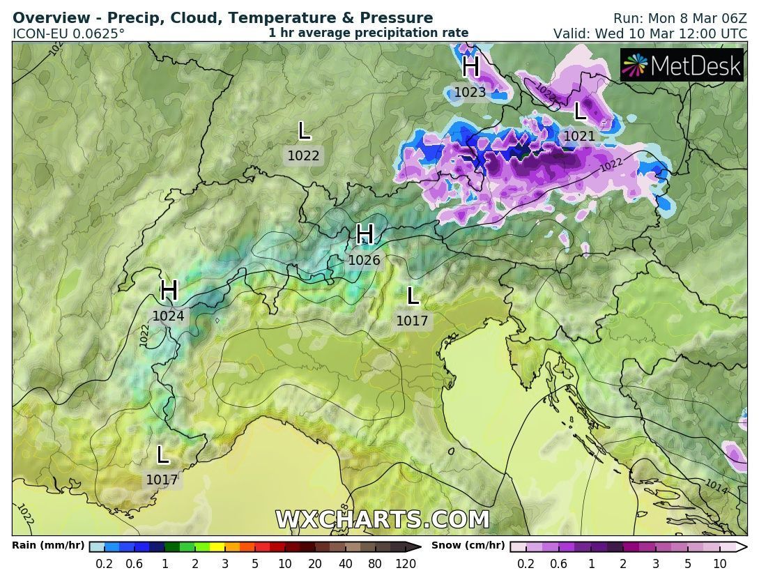 Snow in the Eastern Alps on Wednesday (wxcharts.com)