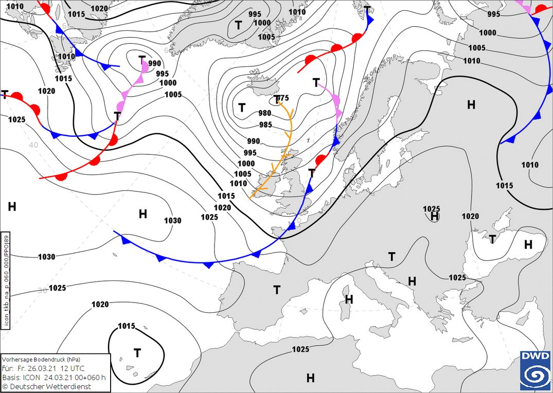 Cold front with snow from the west on Friday (wetter3.de, DWD)