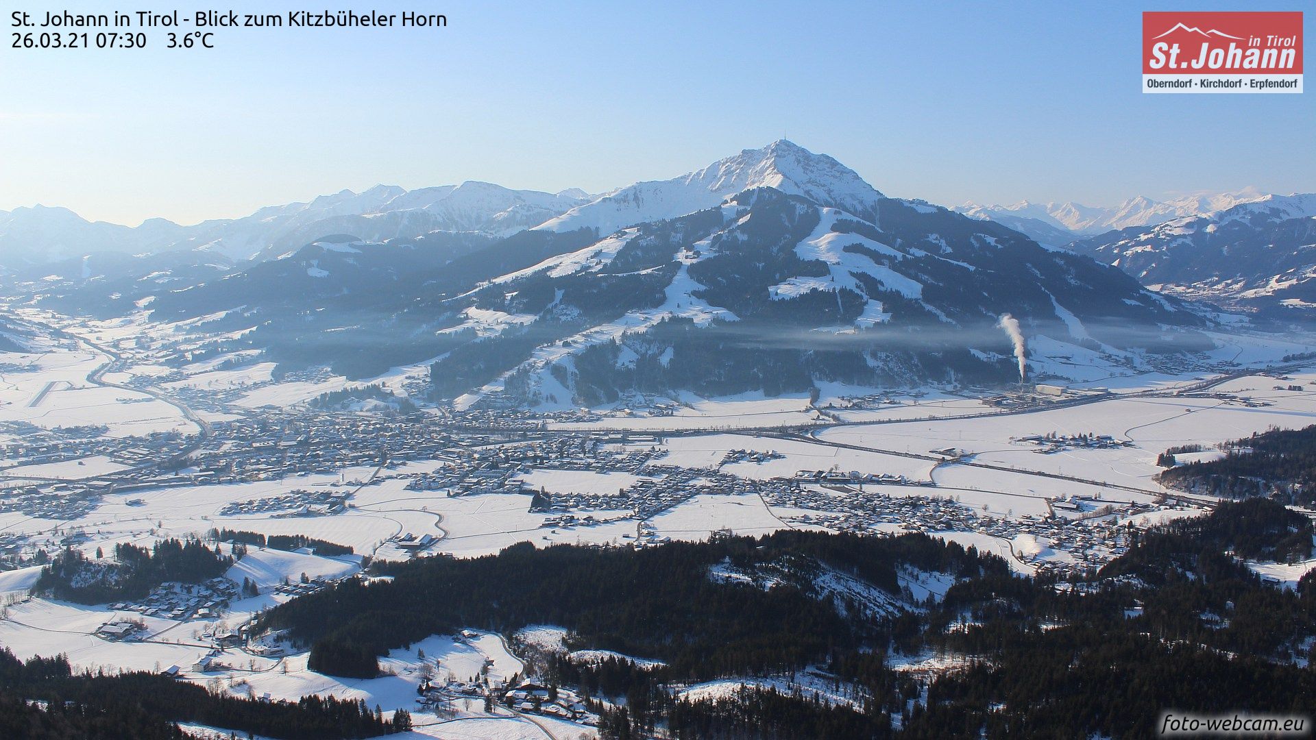 In de Kitzbüheler Alpen is het nog tot in de dalen wit (foto-webcam.eu)