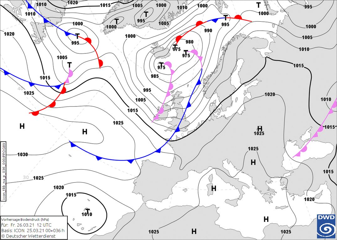 High pressure is driven out by an approaching cold front (wetter3.de, DWD)