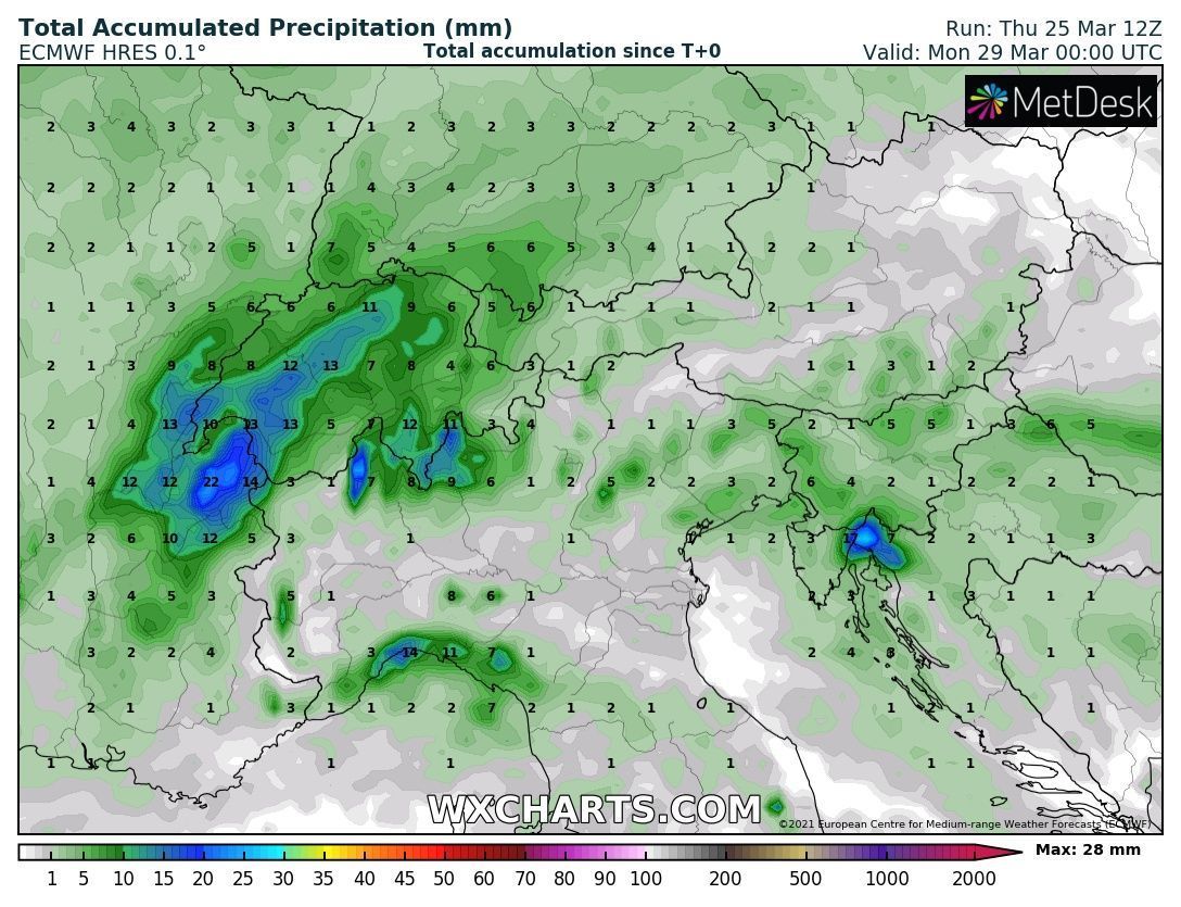 Precipitation amounts from the European model through Sunday night (wxcharts.com)