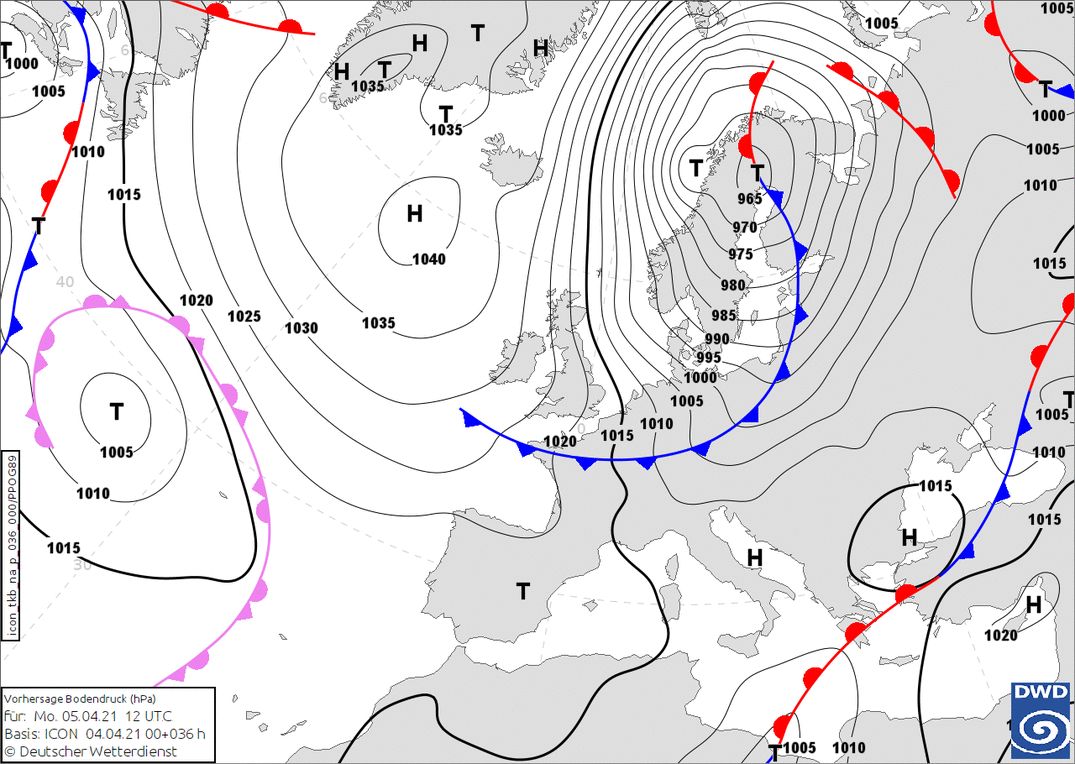 A cold front with arctic air behind it is going to provide snow down to the valleys (wetter3.de, DWD)
