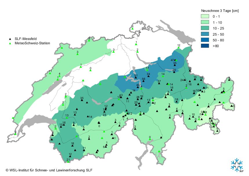 Sneeuwval in Zwitserland in de afgelopen 3 dagen (slf.ch)