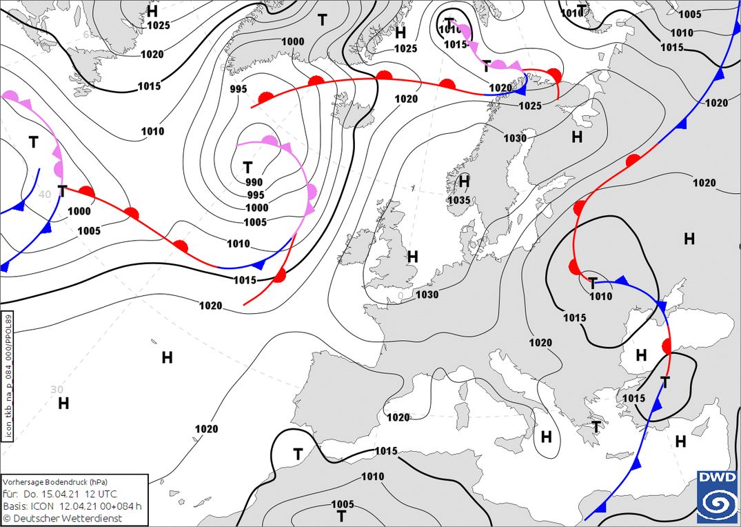 The Alps are located between high- and low pressure systems in the middle of the week (wetter3.de, DWD)