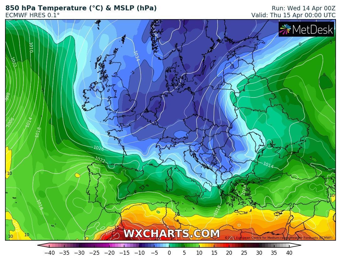 ...waardoor de Alpen te maken hebben met een flinke koude-uitbraak (wxcharts.com)