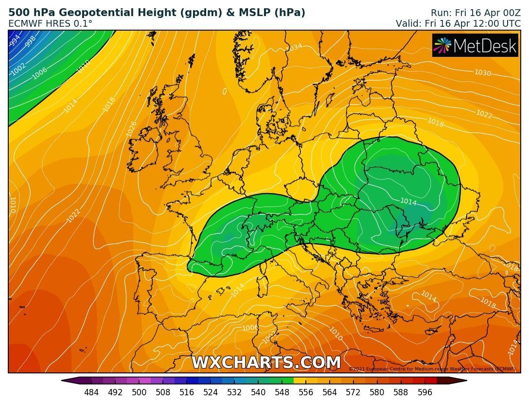 But a trough at greater heights over the Alps is causing some more cloud cover and snow showers (wxcharts.com)
