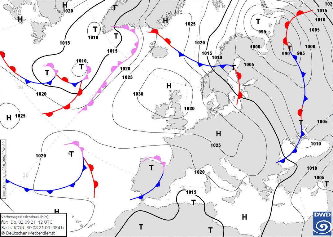 The high pressure area over Great Britain will expand further over Europe in the coming days. So we don't have to expect winter weather anymore (wetter3.de, DWD)
