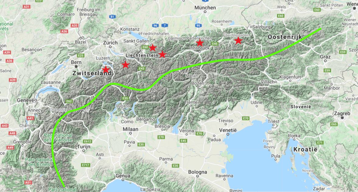 Locations of some typical nordstau areas in red. In green an approximation of the alpine main ridge.
