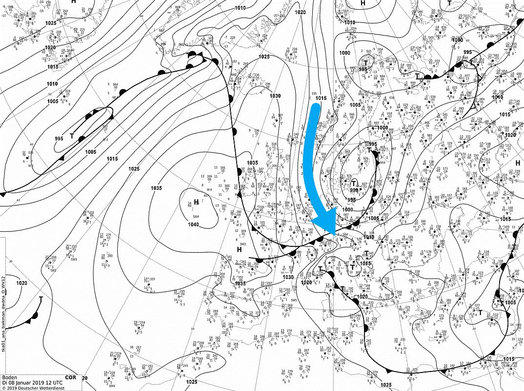 Fax chart of the 8th of January 2019 (DWD, wetter3.de) Fax chart of the 8th of January 2019 (DWD, wetter3.de)