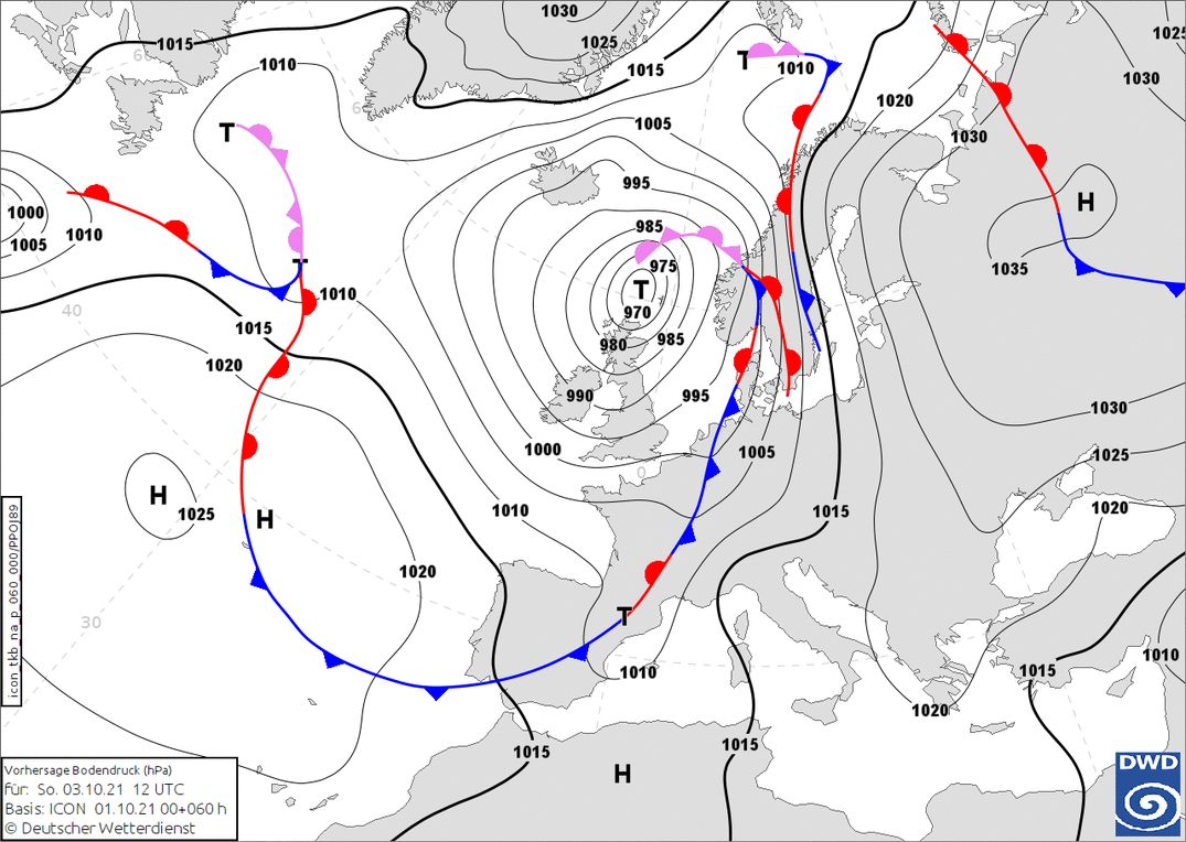 The cold front is approaching from the west on Sunday (DWD, wetter3.de)