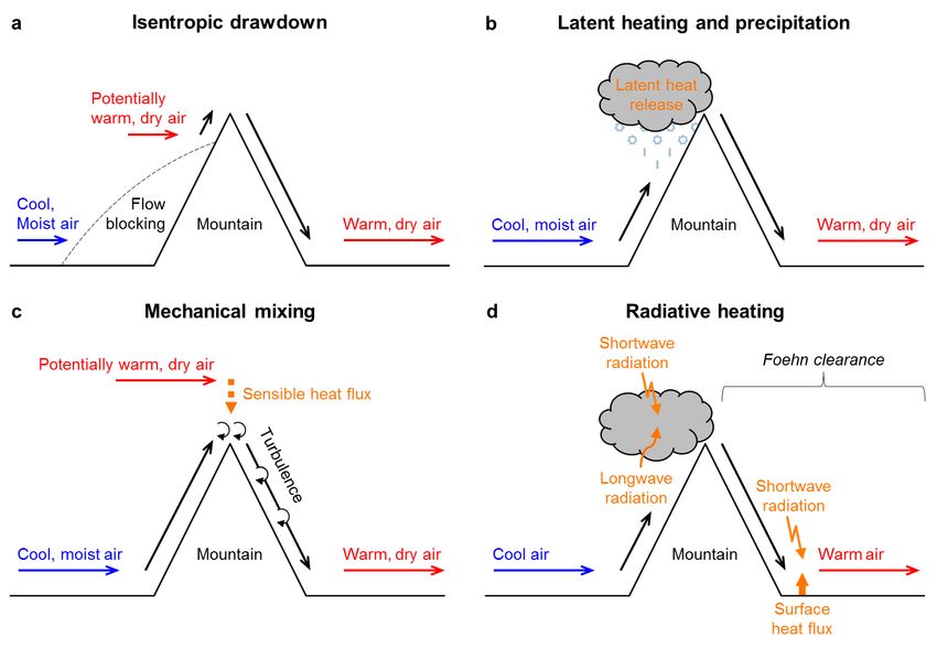 De vier opwarmingsmechanismen bij föhn volgens Elvidge & Renfrew (2016)*