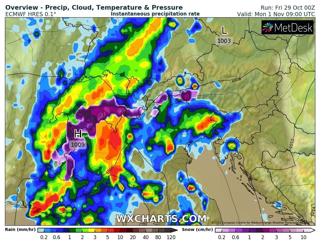 Snow in the Western Alps Monday morning with the passage of the cold front (wxcharts.com)