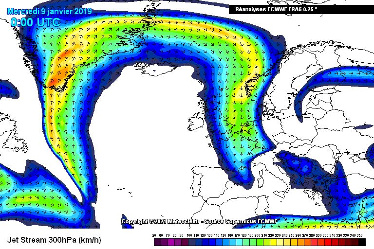 De ligging van de jetstream tijdens de hevige Nordstau van januari 2019 (meteociel.fr)
