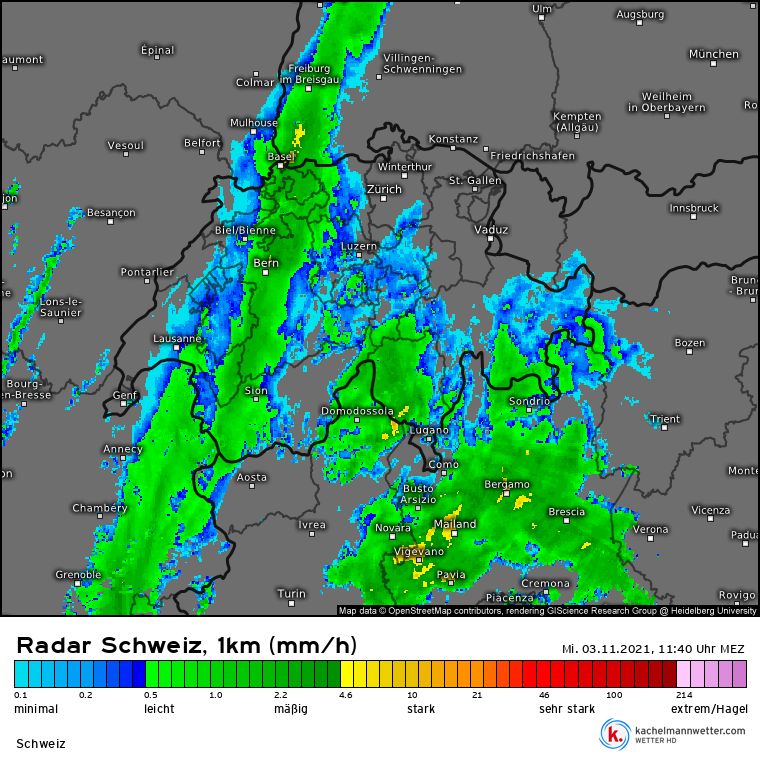 radar image with snow in the Western Alps, Ticino and Lombardy (kachelmannwetter.com)