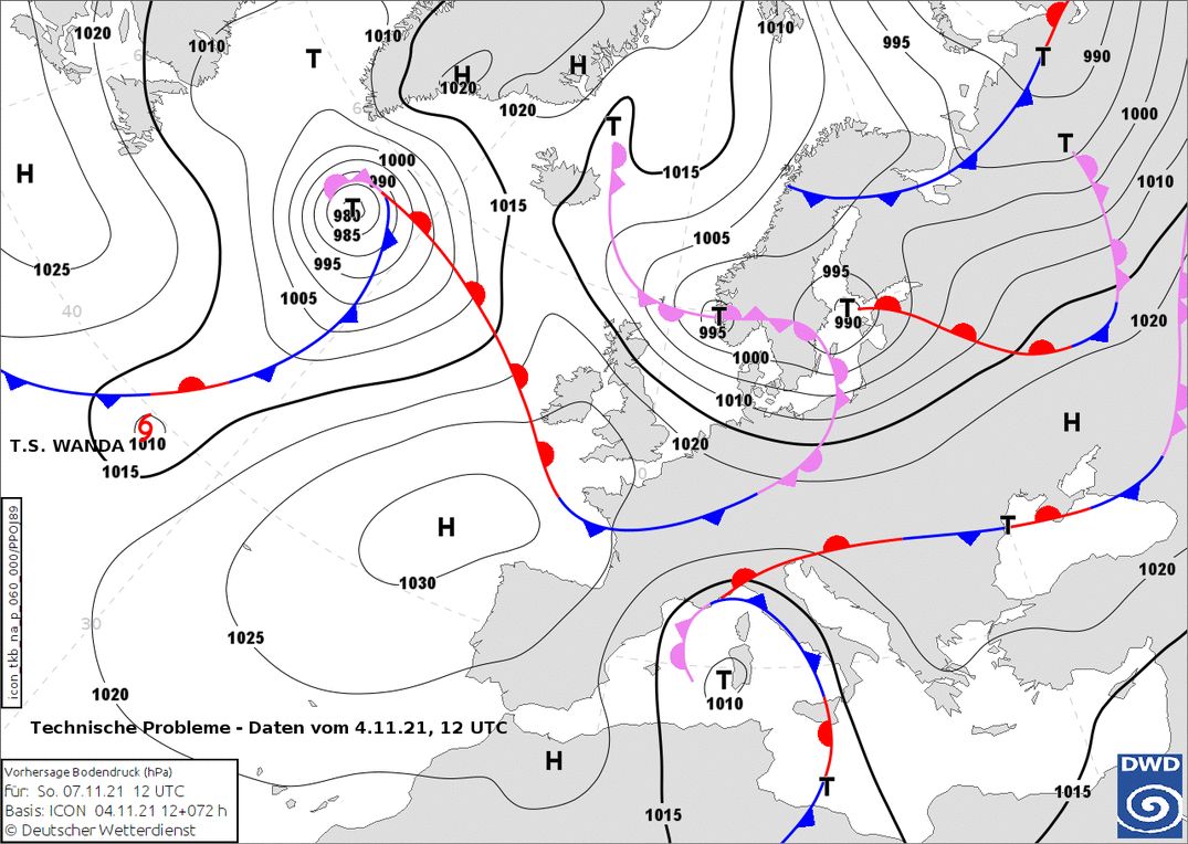 During Sunday afternoon/evening, a front will approach from the north (wetter3.de, DWD)