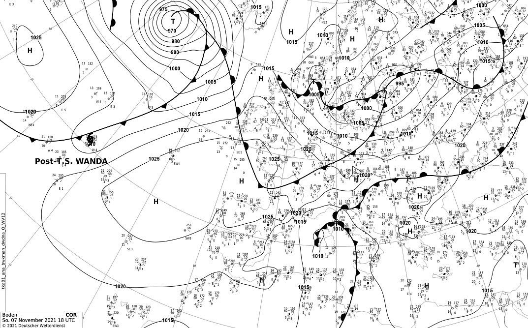 Frontal analysis of yesterday evening with an approaching cold front (wetter3.de, DWD)