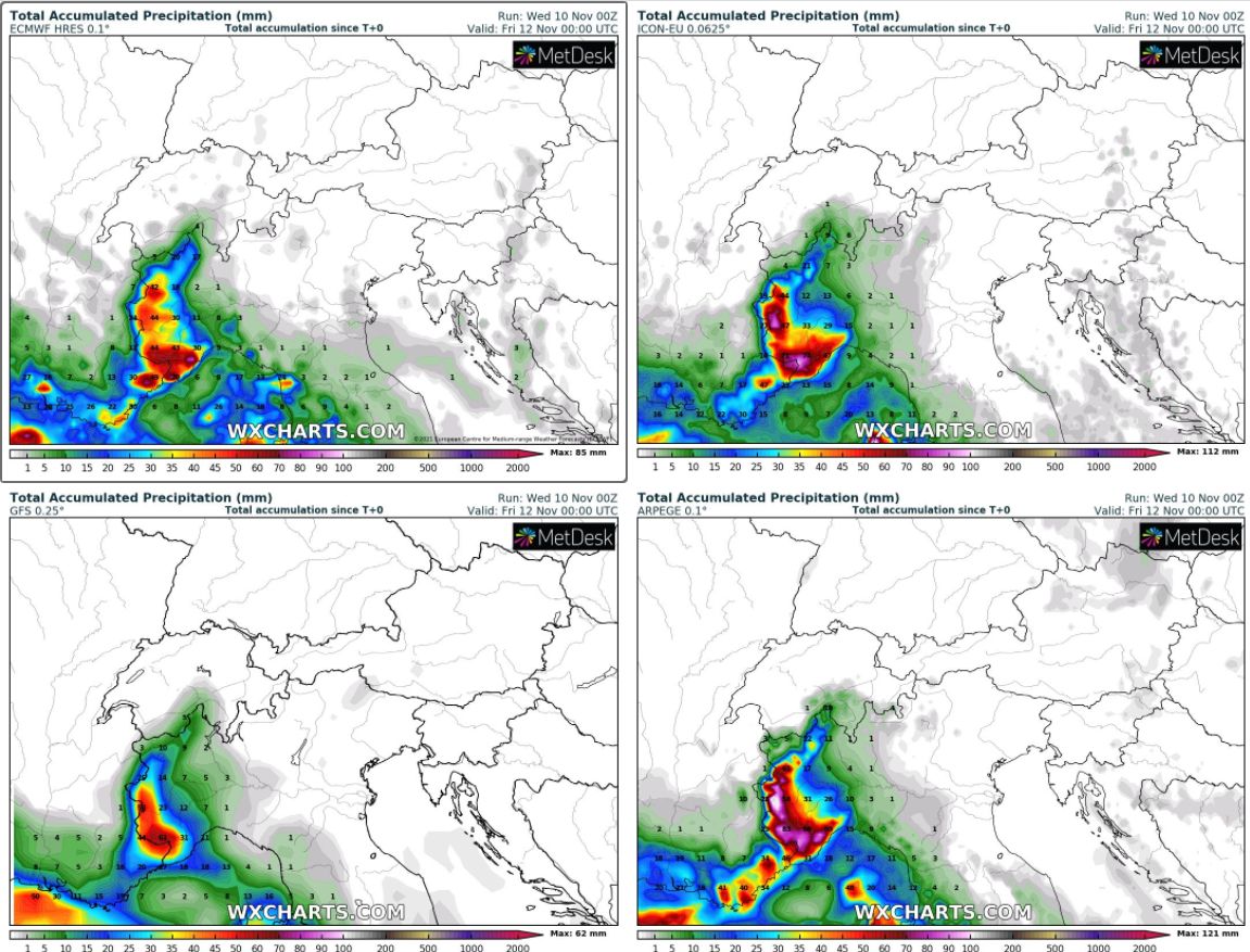 Accumulated precipitation until tomorrow evening of 4 different models (wxcharts.com)