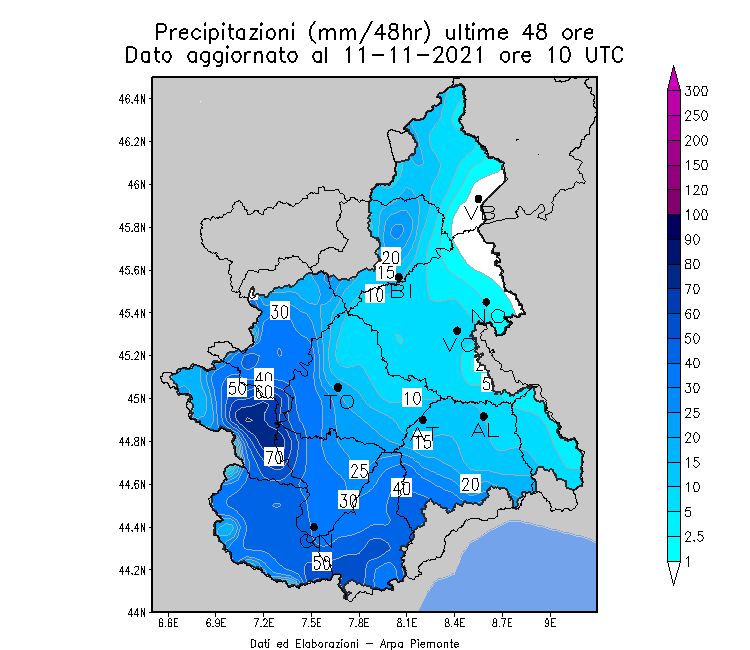 Total 48-hour precipitation up to yesterday morning (arpa.piemonte.it)