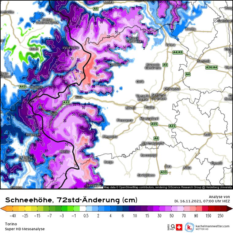 Sneeuwhoogteverandering na de retour d'Est in Piemonte (kachelmannwetter.com)