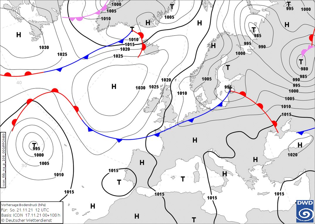 Cold front approaching the Northern Alps on Sunday(wetter3.de, DWD)