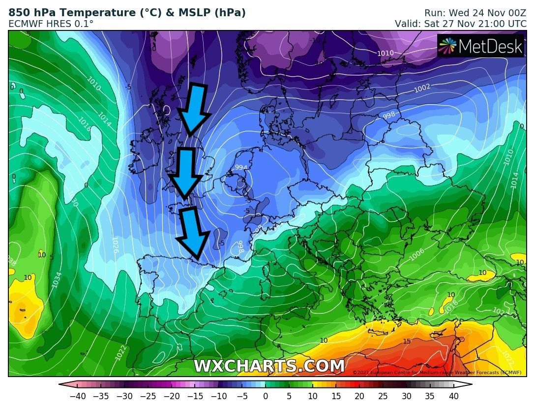 Arctische koude-uitbraak in de Pyreneeën (wxcharts.com)