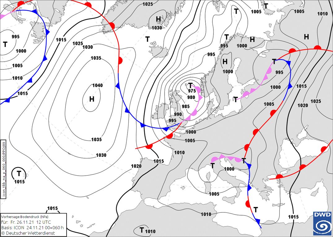 Low pressure over the North Sea creeps towards the Alps (wetter3.de, DWD)