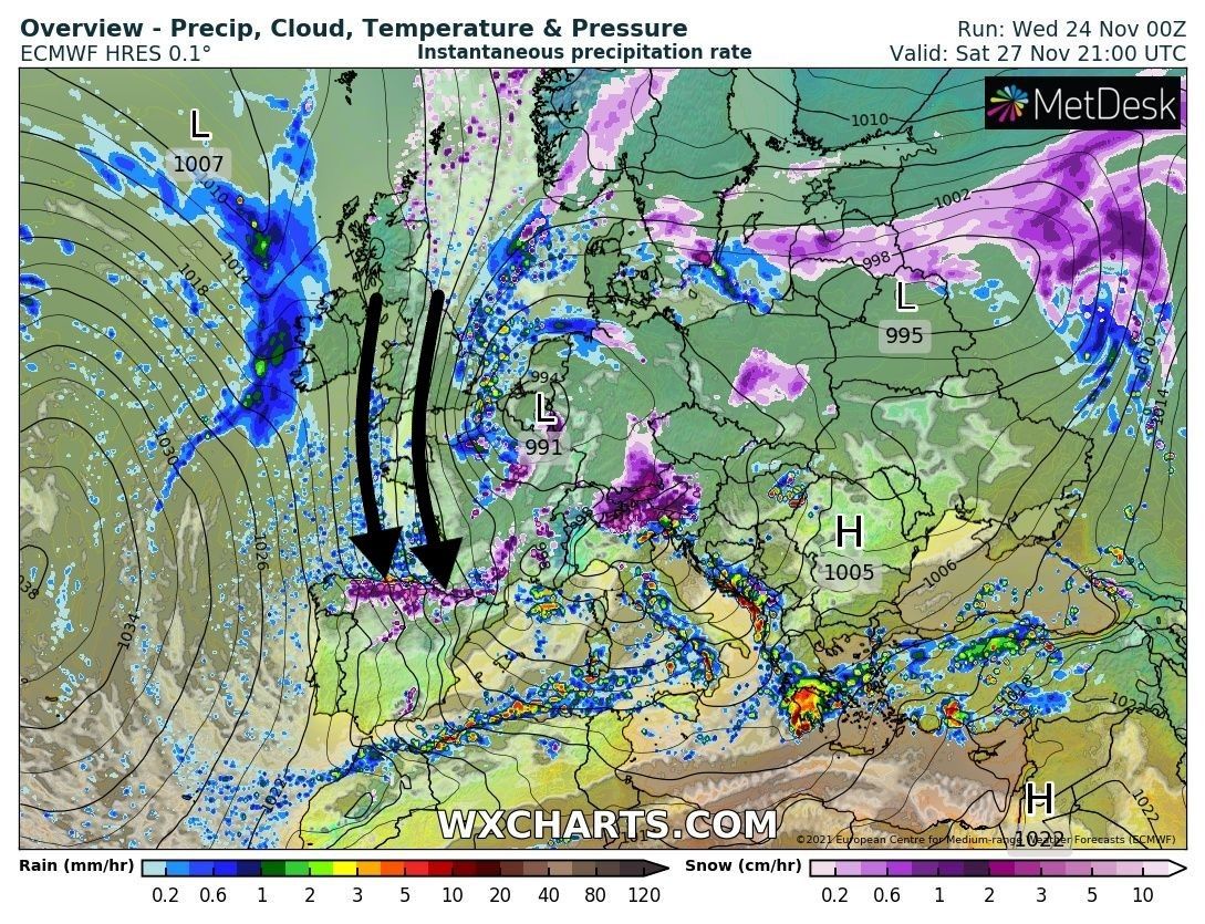 A strong northerly flow with lots of snow in the Pyrenees (wxcharts.com)