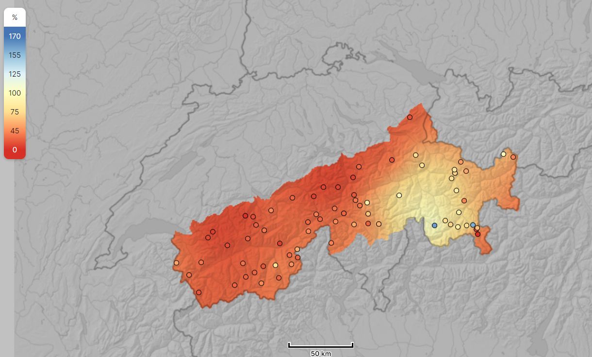 Relative snow amounts in Switzerland at 2500 metres are still well below average (whiterisk.ch)