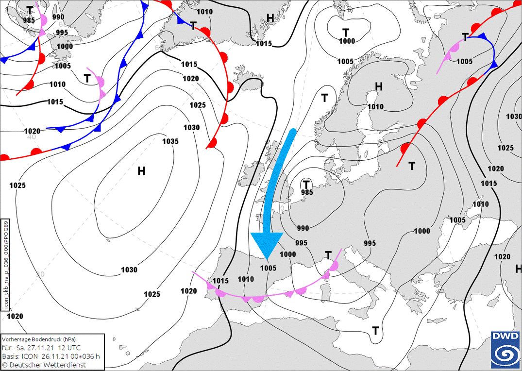 Cold and moist air of arctic origin will create a snow dump in the Pyrenees (wetter3.de, DWD)