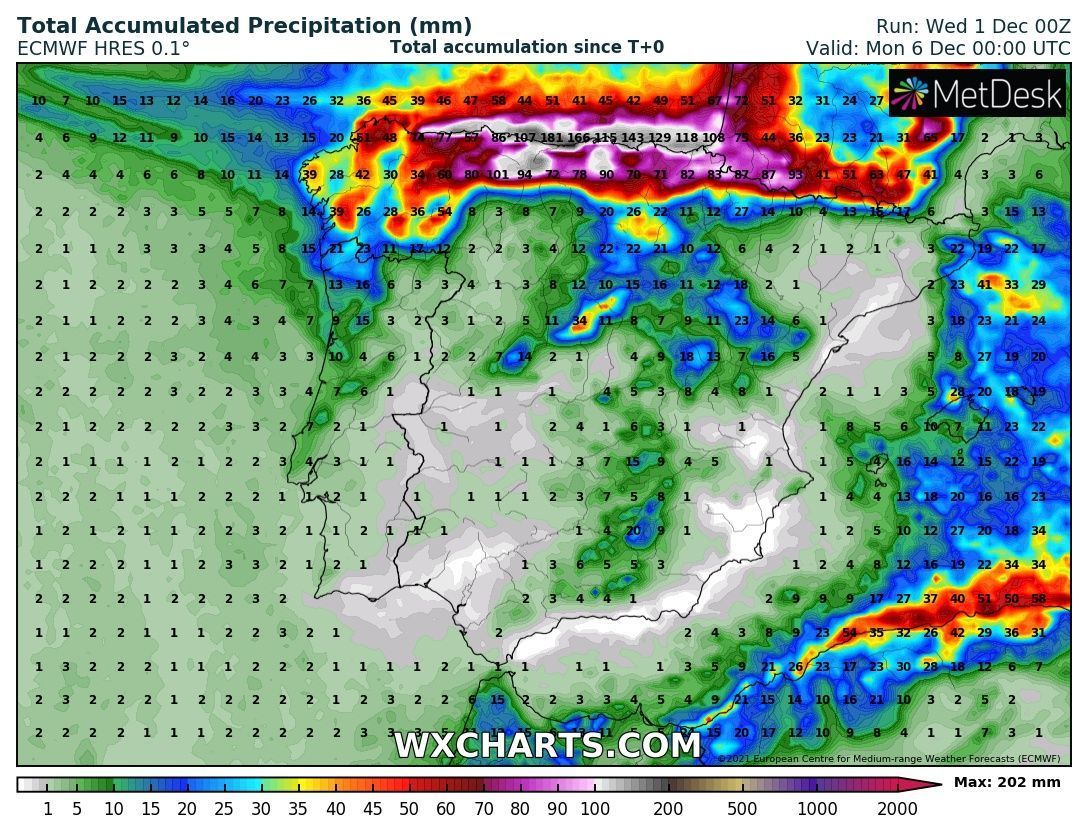 Precipitation amounts until Sunday from the ECMWF model (wxcharts.com)